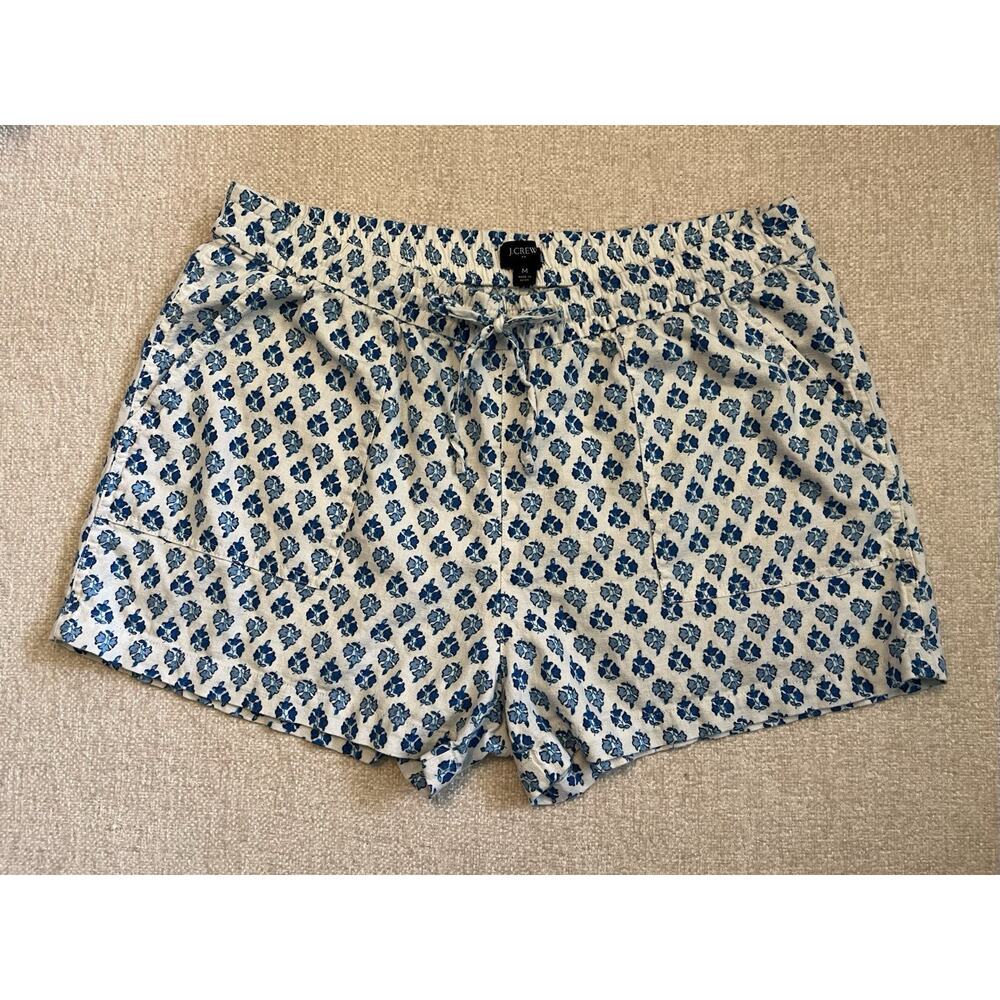 J Crew Floral Linen Blend Pull On Shorts Sz Medium Pockets Drawstring Blue White